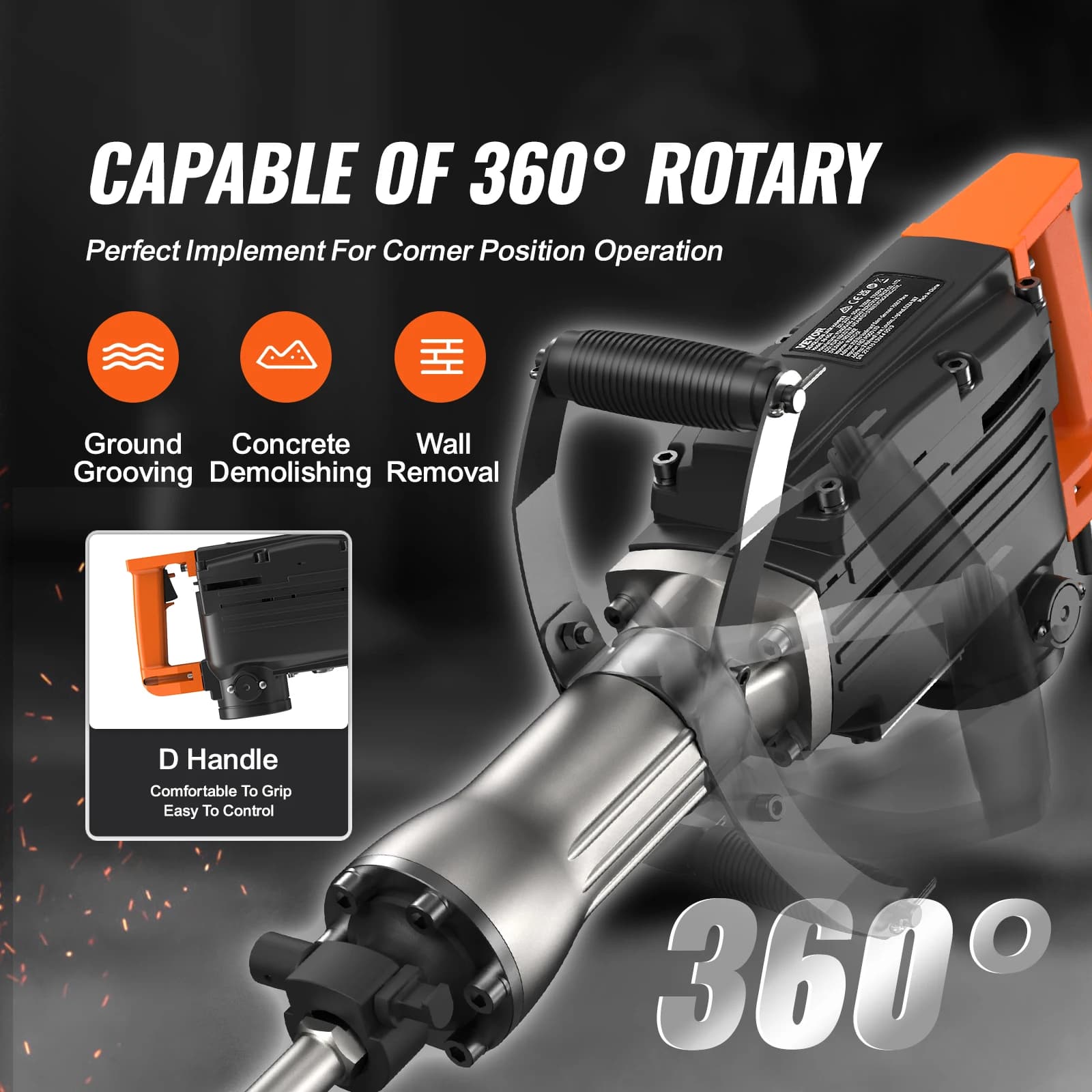 SucceBuy Demolition Jack Hammer 1350 BPM Concrete Breaker 6pcs Chisels Bit Chipping Case 2200W Electric Jackhammer Heavy Duty - Thumbnail 7
