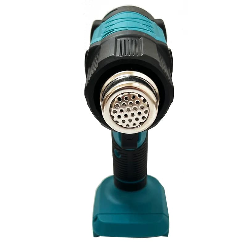 Makita cordless heat gun with digital display, powered by 20V battery, includes two nozzles for shrink wrapping and industrial tasks.