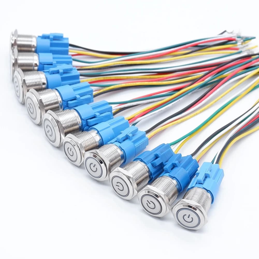 10PCS 16mm and 19mm metal push button ignition switch kit for car LED lights, featuring waterproof lock, self-reset, and 12V socket.