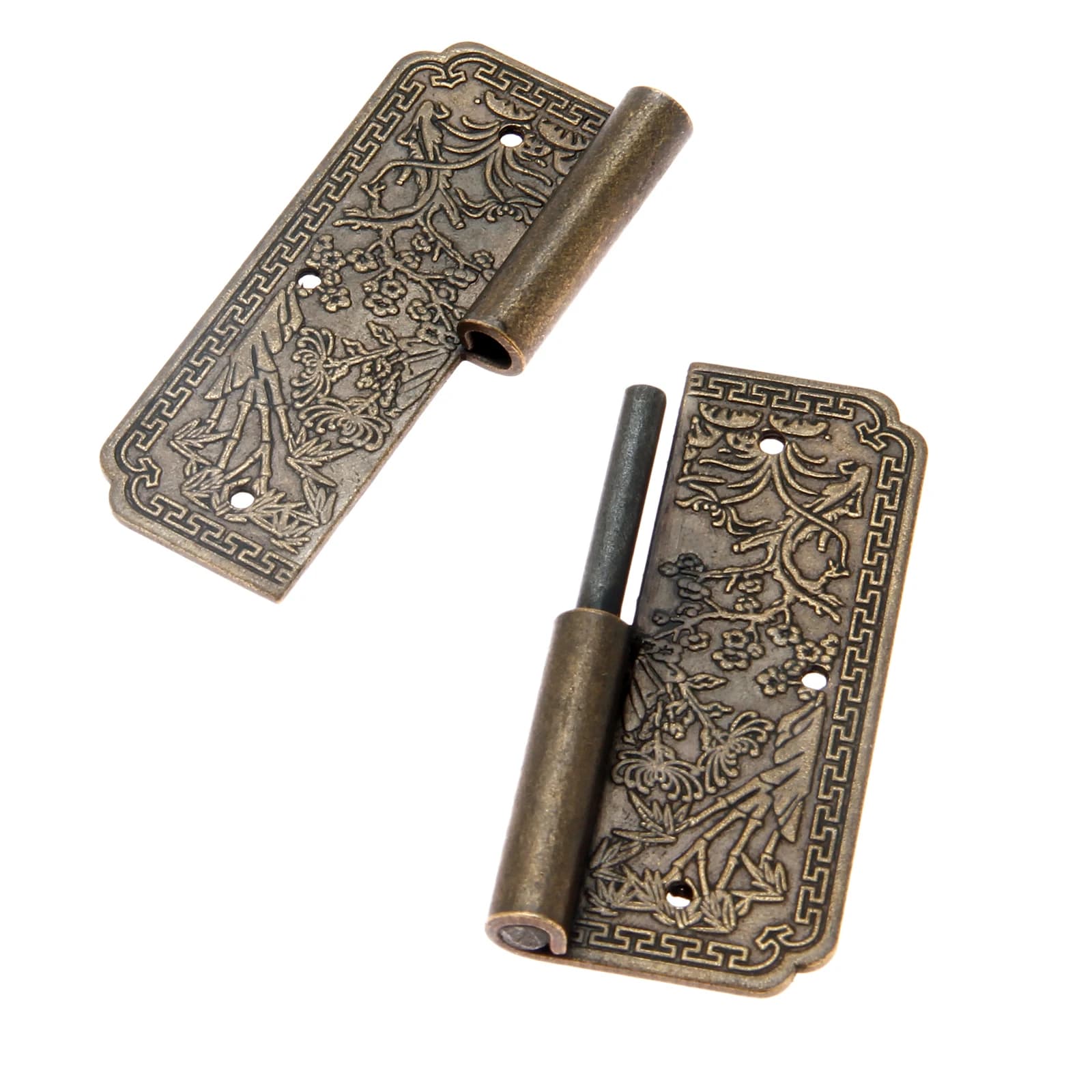 Right or left-handed retro brass furniture hinge measuring 60x50mm, with antique bronze finish for cabinets or jewelry boxes.
