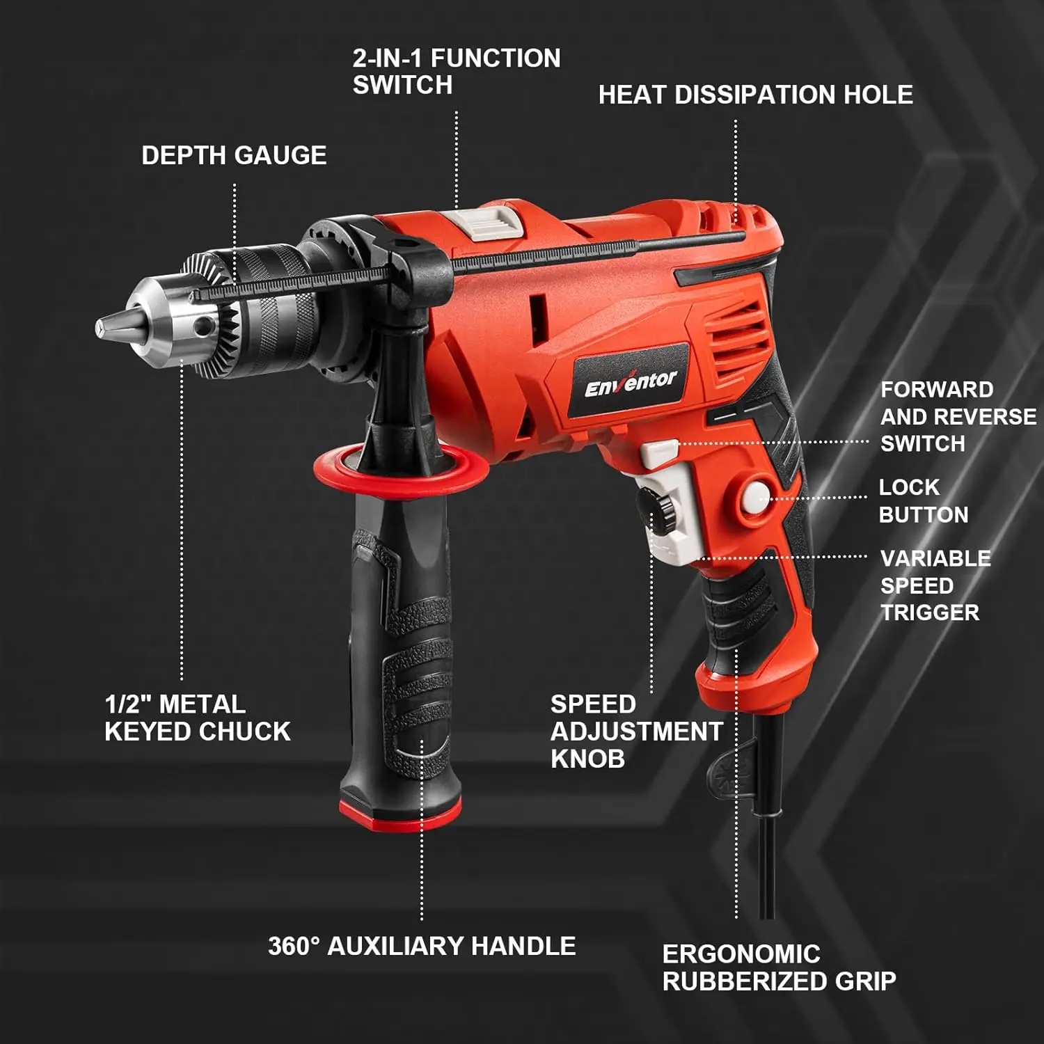 900W Hammer Drill | 7.5 Amp Motor | 1/2 Chuck for Metal & Wood | Variable Speed & Lightweight Design - Thumbnail 2