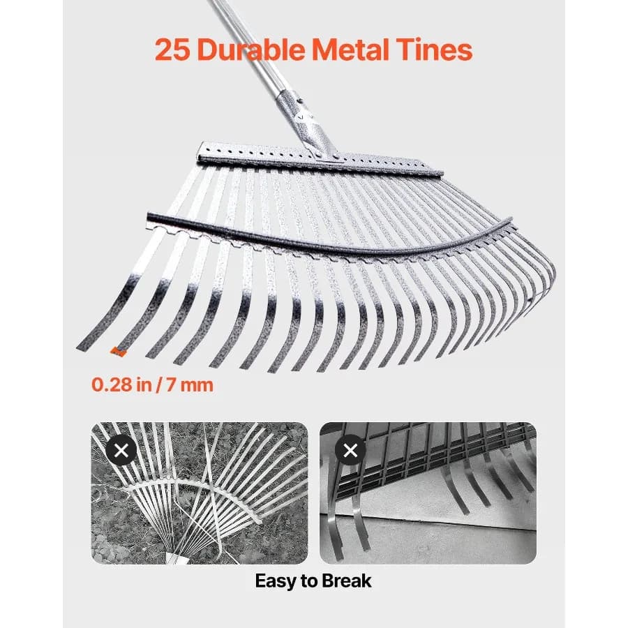 Duty Adjustable Garden Rake | 25 Metal Tines | 18.3 Head & 36-73 Handle for Lawns - Thumbnail 3