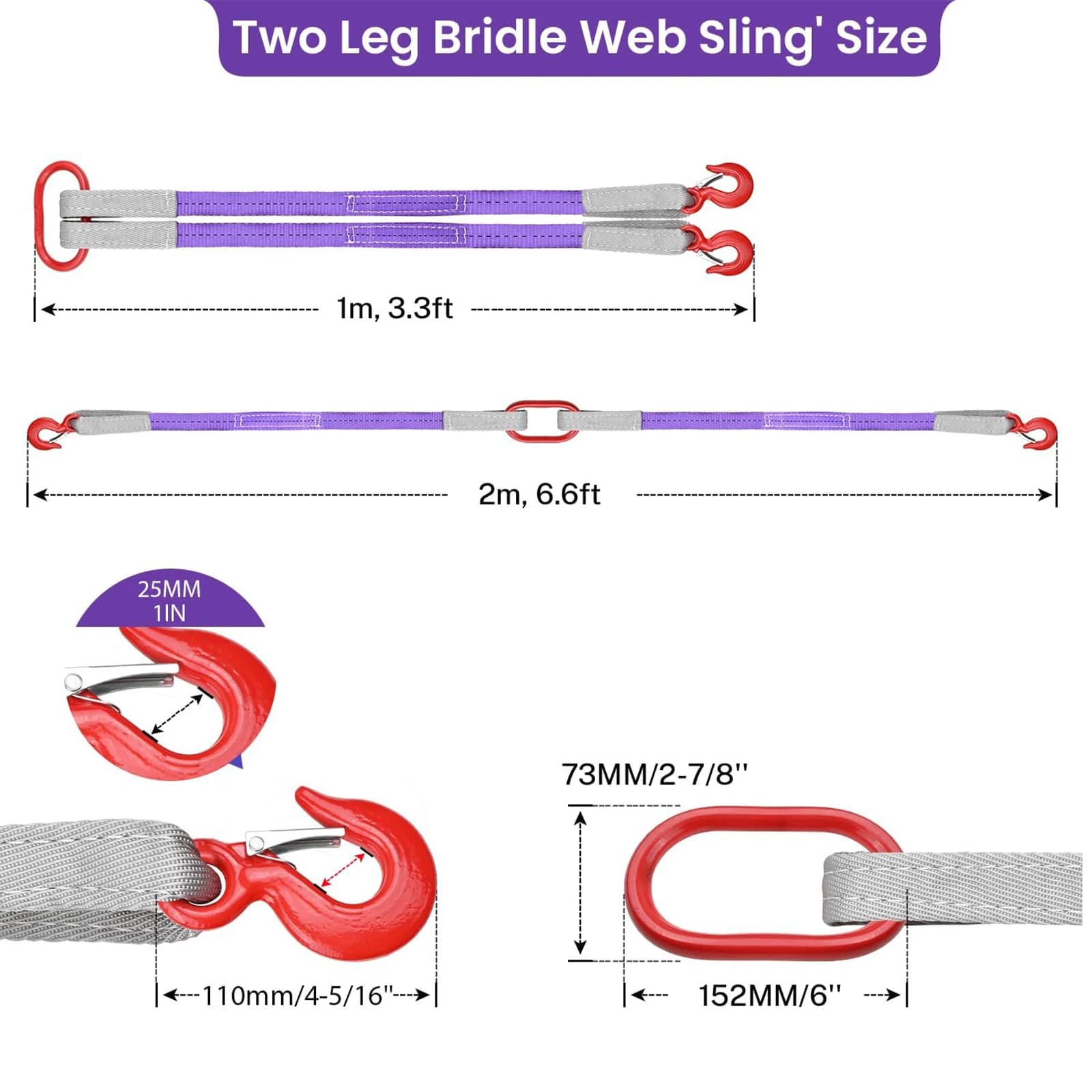 Heavy-Duty 2-Leg Lifting Sling | 4400 lb Capacity | 3.3/9.8/16.4 ft Polyester Rigging Straps with Hooks - Thumbnail 2