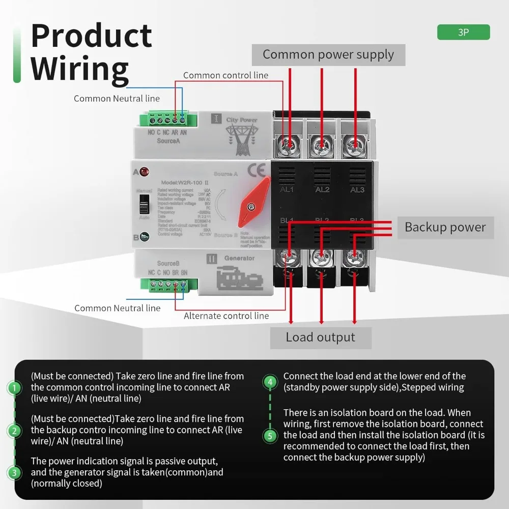 100A Automatic Transfer Switch | 3P 110V for Home Generator & Solar | DIN Rail Mount - Thumbnail 3