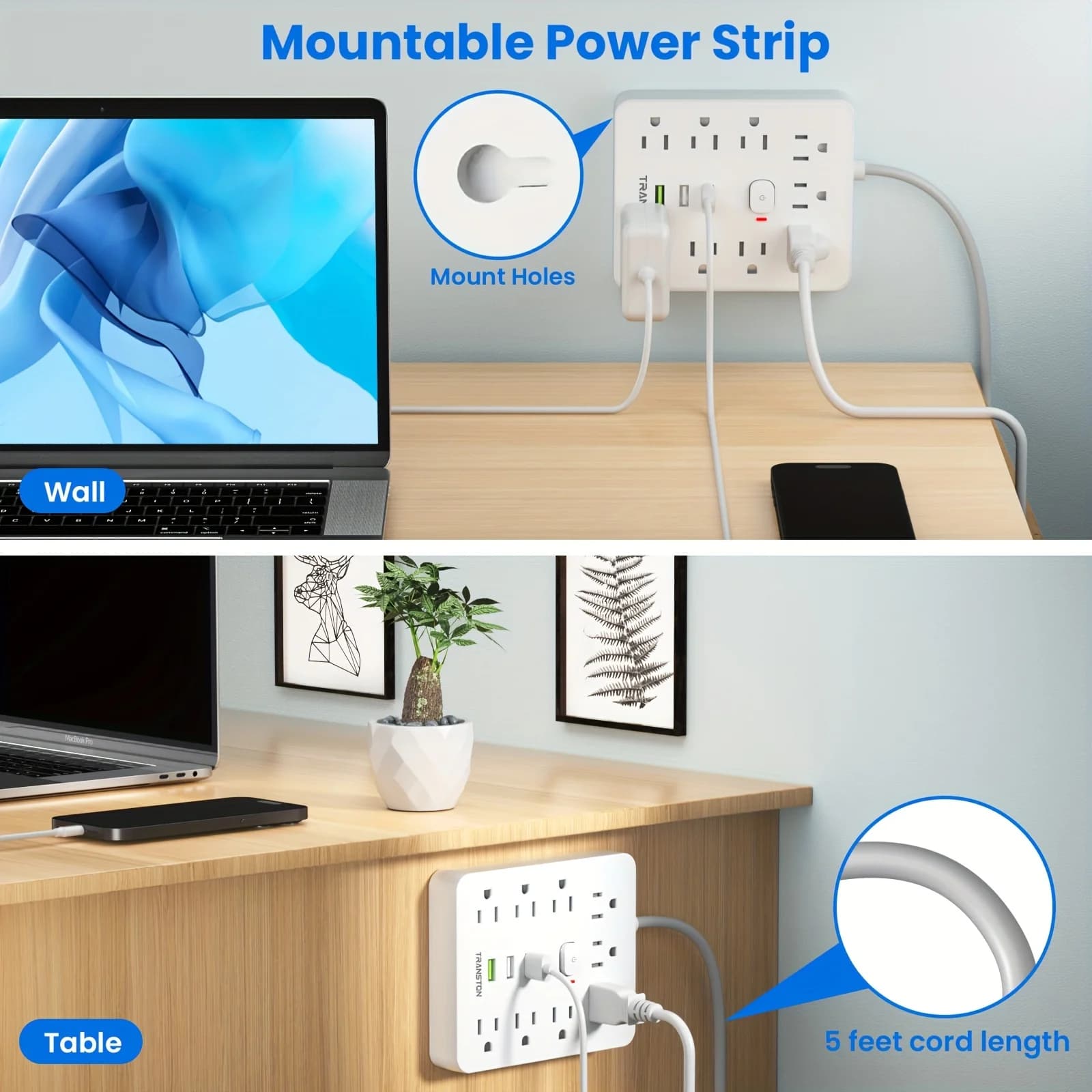 Surge-Protected Power Strip | 9 Outlets & 3 USB Ports | 5-Foot Extension Cord with Quick Charge - Thumbnail 6