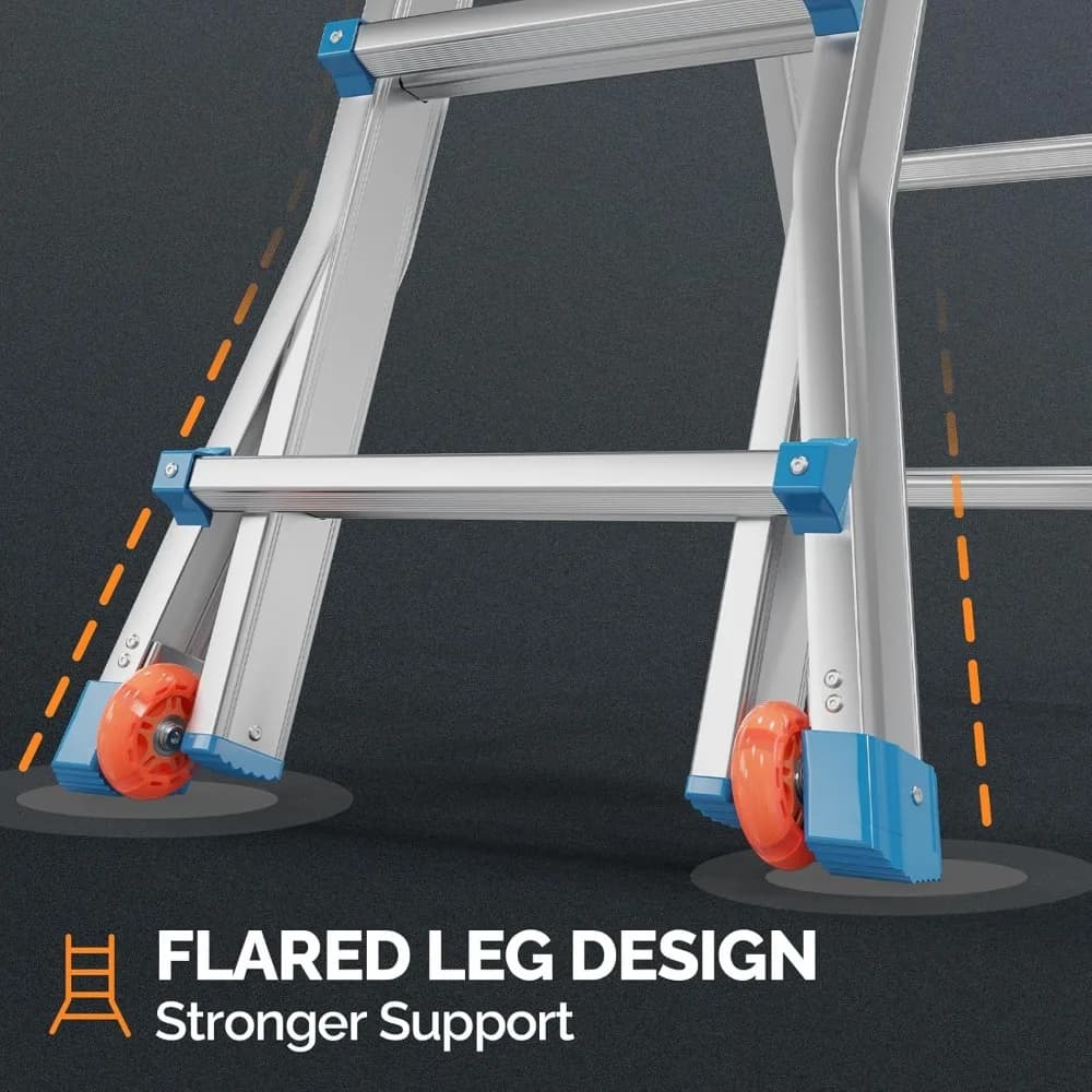 4-Step Ladder | 17ft Reach with Multi-Position Folding | Flared Legs & Wheels for Portability - Thumbnail 4