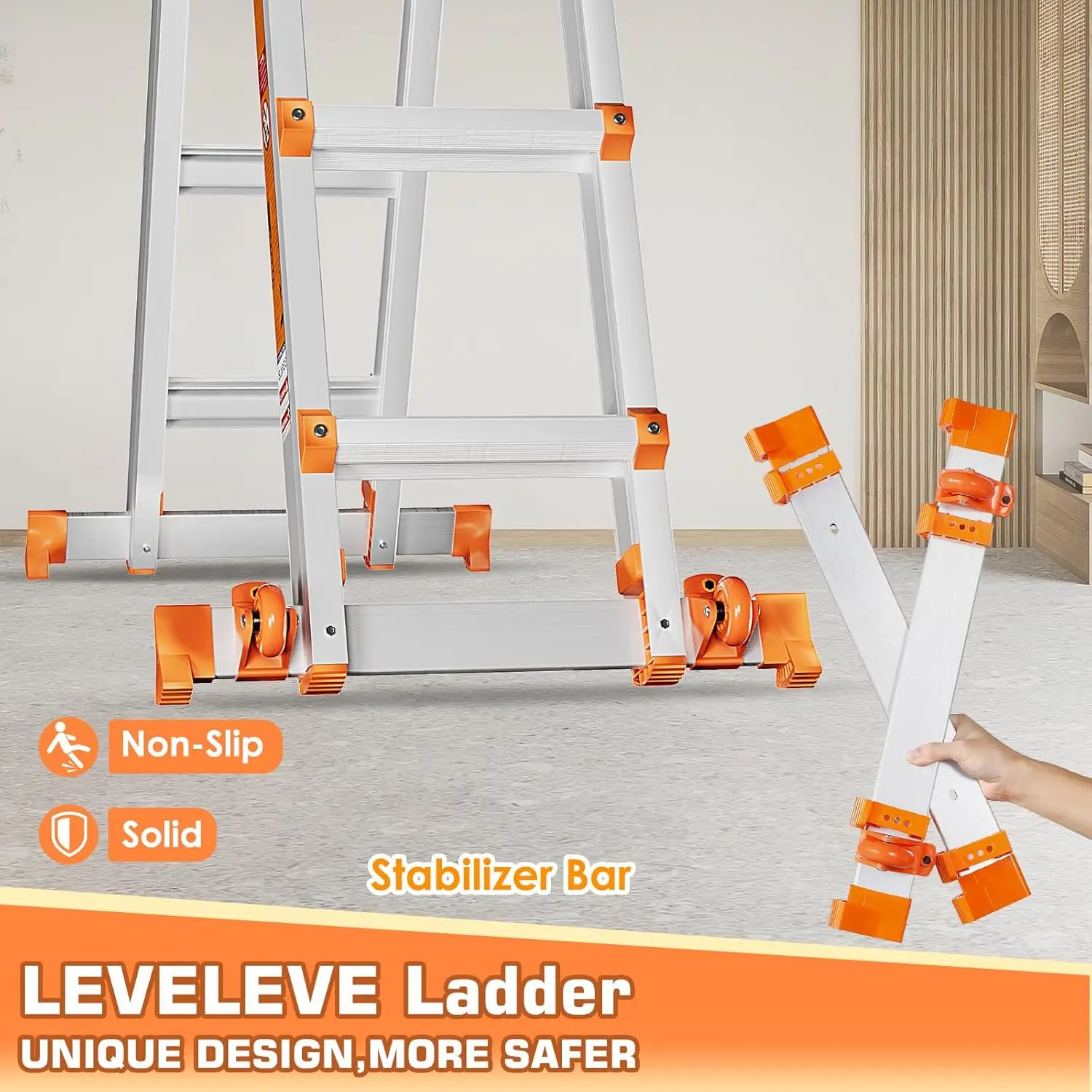 14FT Telescoping A-Frame Ladder | Multi-Position with Stabilizer Bar & Wheels | 330 lbs Capacity - Thumbnail 2