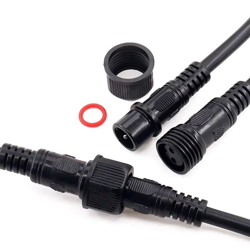 M16 waterproof IP65 cable plug connector set for LED strips, featuring male and female 2-5 pin jacks with 22mm nuts and 20cm wires.