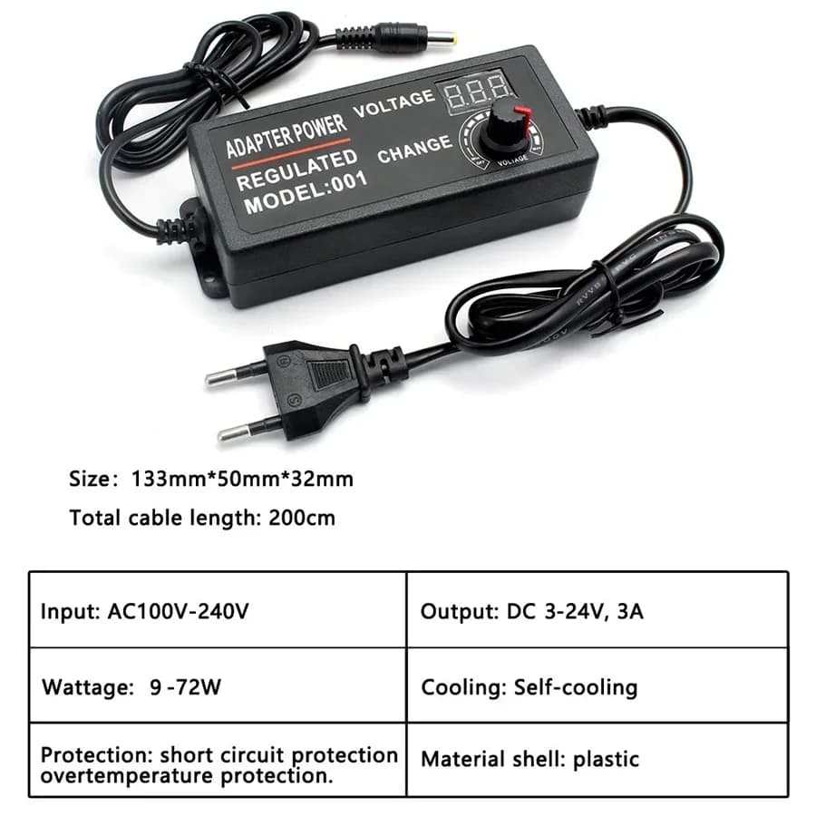 AC/DC Power Adapter | 3V-24V 3A Adjustable Output | 72W Max for Electronics & DIY Projects - Thumbnail 2