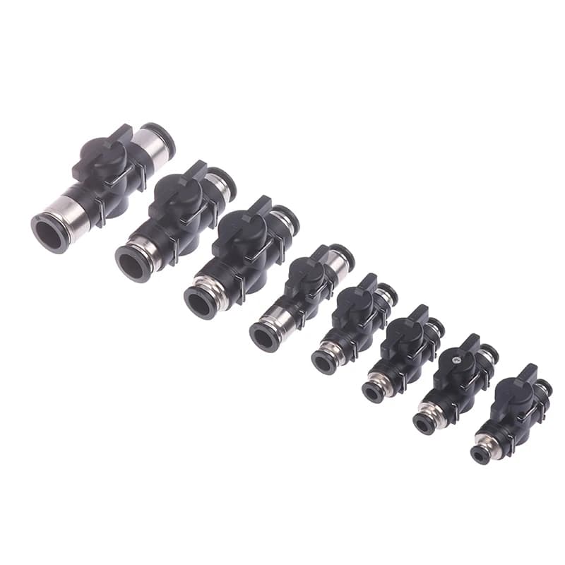 BUC series plastic pneumatic quick connector for 4mm to 16mm air hoses, push-to-connect design in a durable pluglug style.