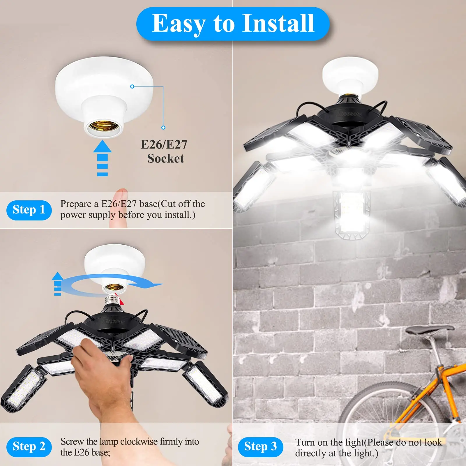 LED Garage Lights with 7/10+1 Adjustable Panels E26/E27 Ceiling Shop Work Lamp 150W 6500K Bulb for Workshop Industrial Lighting - Thumbnail 5