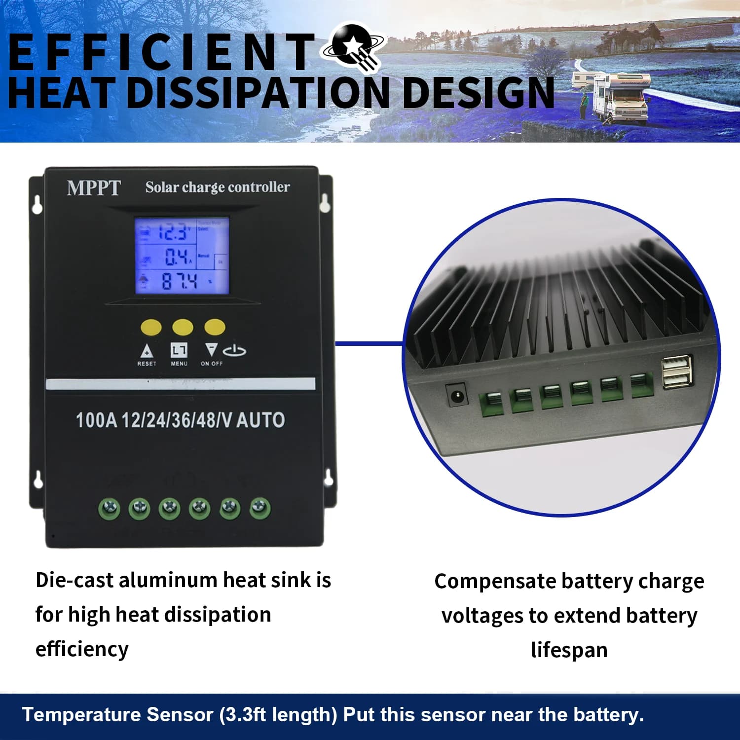 MPPT Solar Charge Controller | 100A 80A 60A | 12V-48V for Lead Acid & Lithium Batteries | Dual USB - Thumbnail 2