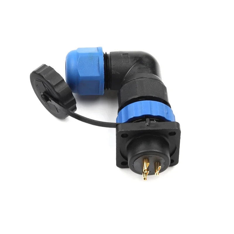 SP20 IP68 waterproof quick connector socket with multipole plug, dustproof right-angle square industrial aviation connector in hand.