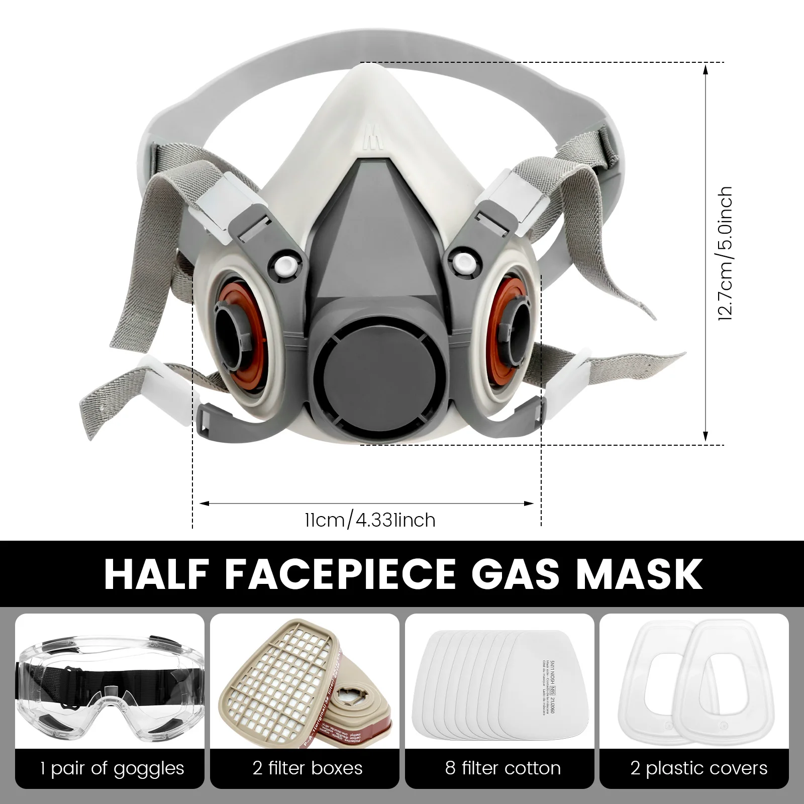 Respirator Mask Half Facepiece Gas Mask with Safety Glasses Reusable Professional Breathing Protection Against Dust Chemicals - Thumbnail 2