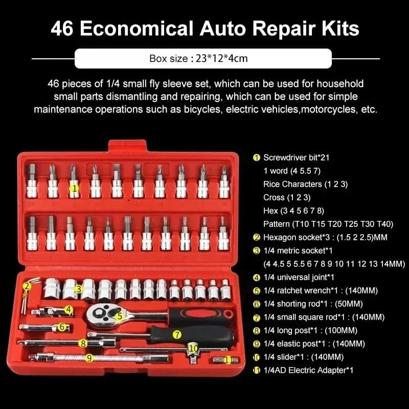 46-Piece Socket & Ratchet Set | Automotive & Motorcycle Repair Tool Kit - Thumbnail 3
