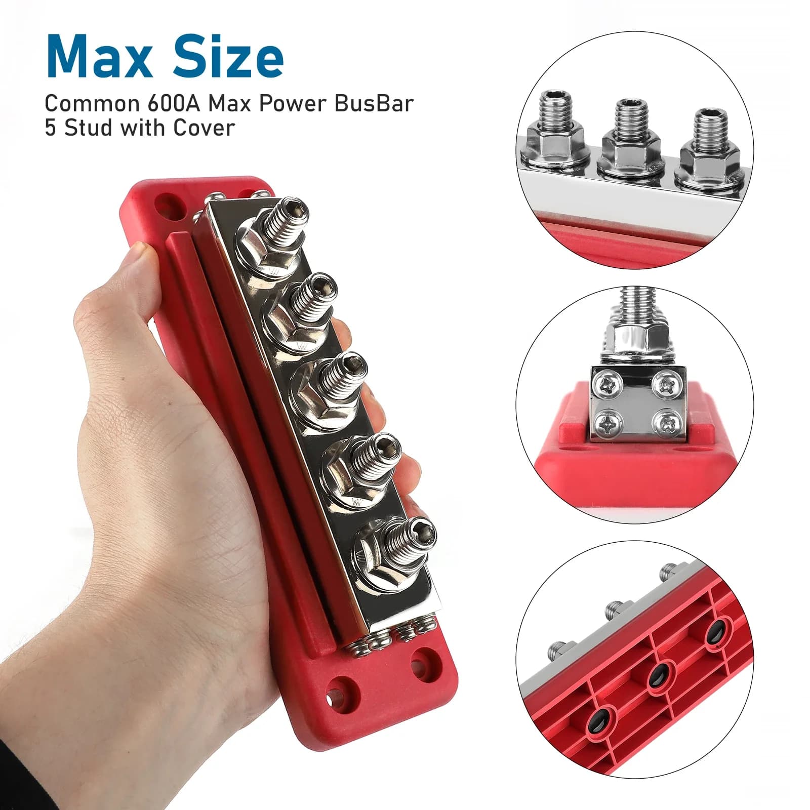 Heavy-Duty M10 Bus Bar Terminal Block | 5-Way Power Distribution | 600A 12-48V DC for RV, Marine & Truck - Thumbnail 3