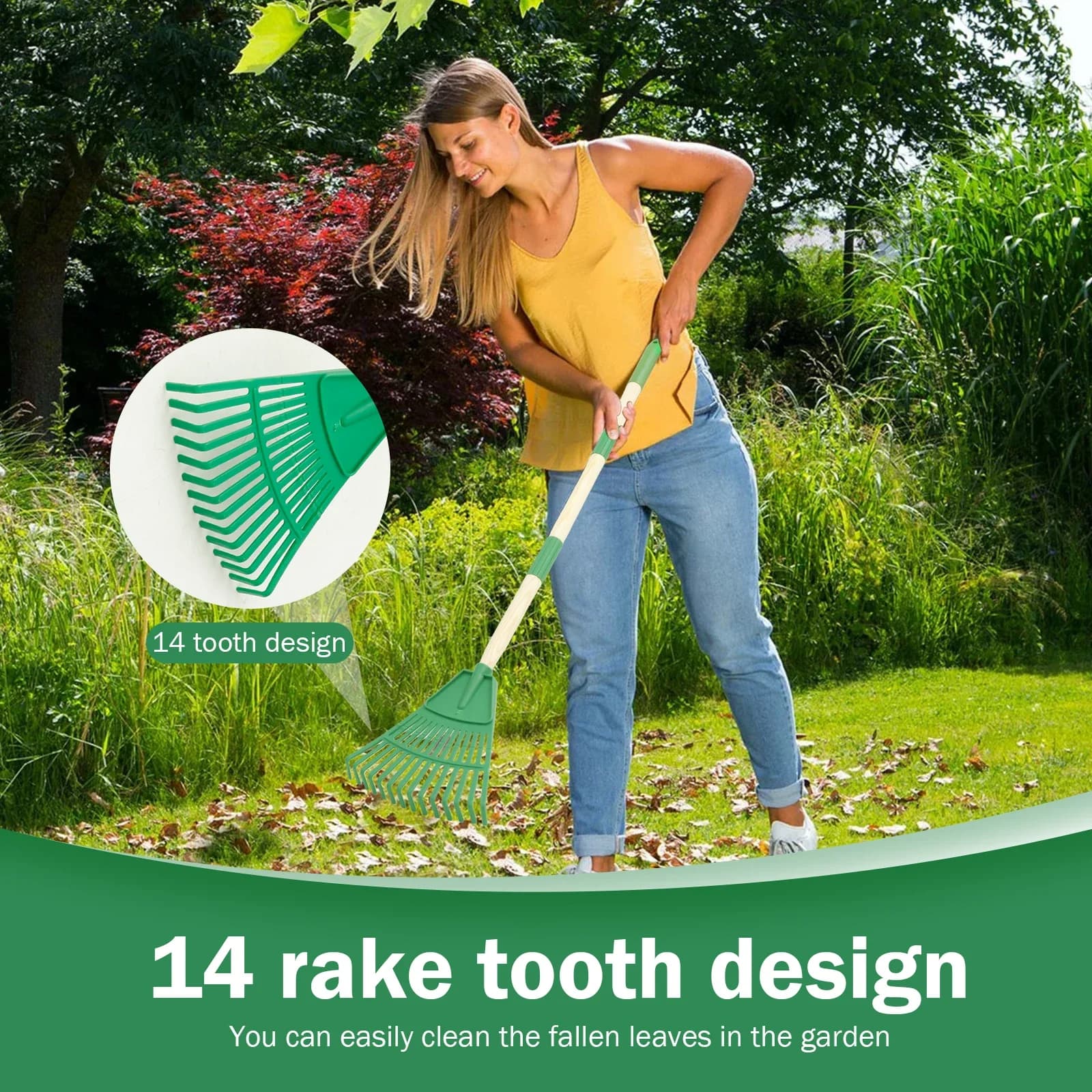Child Garden Rake | 2Pcs Plastic & Wood Leaf Rakes | Removable Handle Kids Gardening Tool - Thumbnail 4