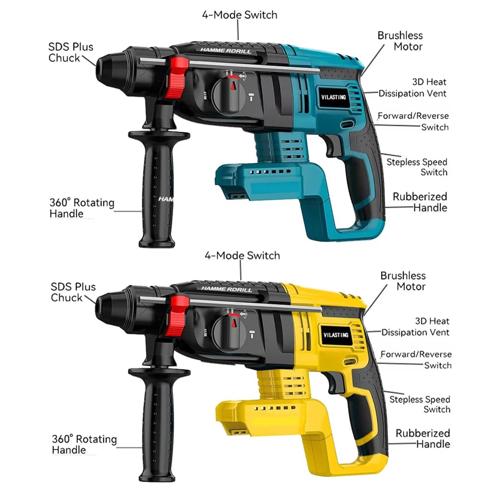 Professional 26mm Brushless Hammer Drill | Cordless Rotary Tool for DeWalt & Makita 18V Batteries - Thumbnail 3