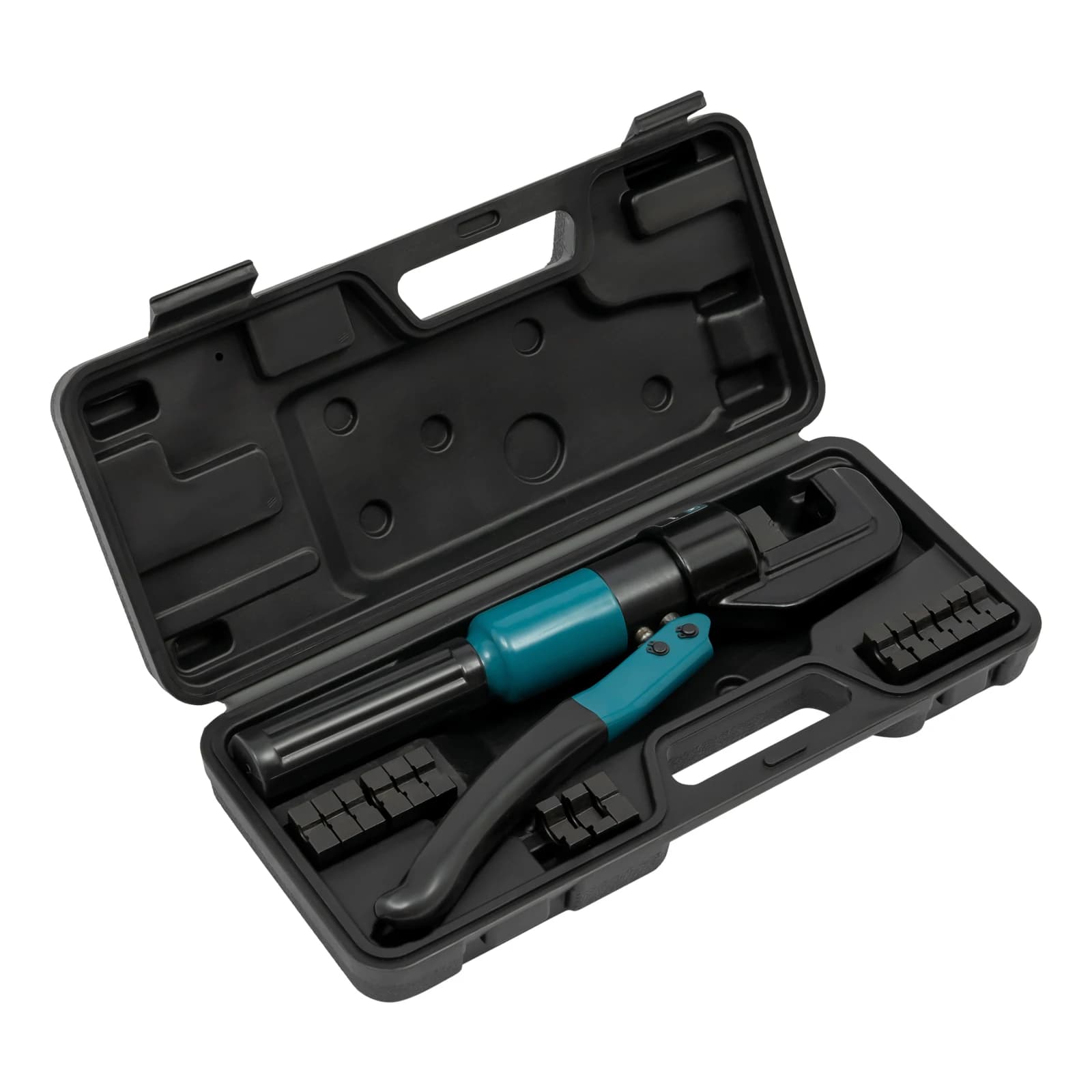Professional 8T hydraulic crimping tool with 8 dies for 4-70mm² copper and aluminum wire terminals, shown on a workbench.