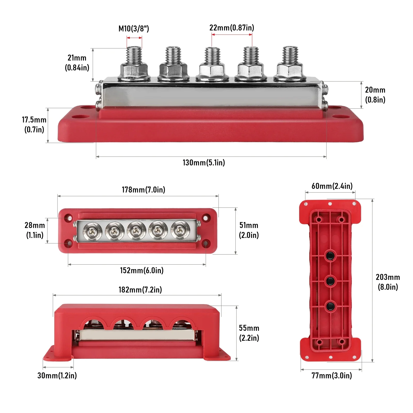 Heavy-Duty M10 Bus Bar Terminal Block | 5-Way Power Distribution | 600A 12-48V DC for RV, Marine & Truck - Thumbnail 2