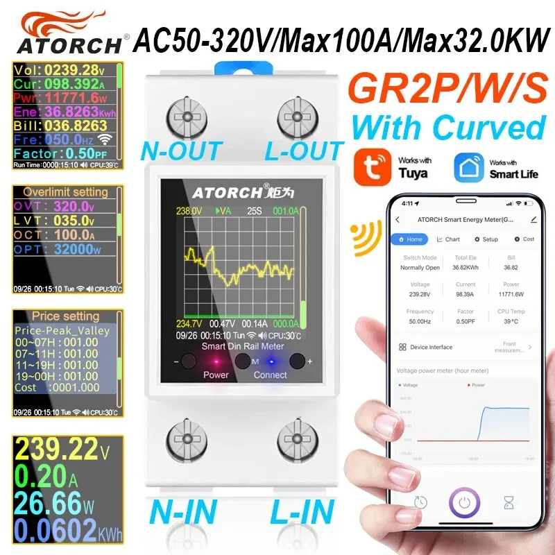 Smart WiFi Energy Monitor | 100A AC Power Meter | Real-Time Voltage & Current Display | GR2PW - Thumbnail 2