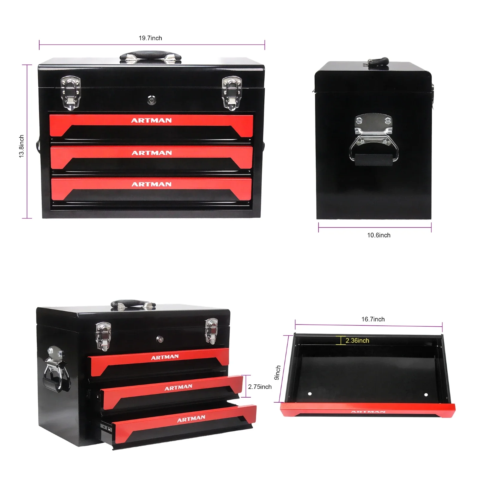 3-Drawer Metal Tool Chest | EVC Liner & Lock Included | Garage Storage & Workshop Organizer - Thumbnail 5