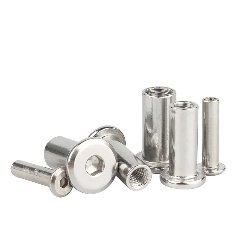 304 stainless steel furniture nuts with large flat hex socket design, sizes M3 through M10, serving as rivet connector insert joints.