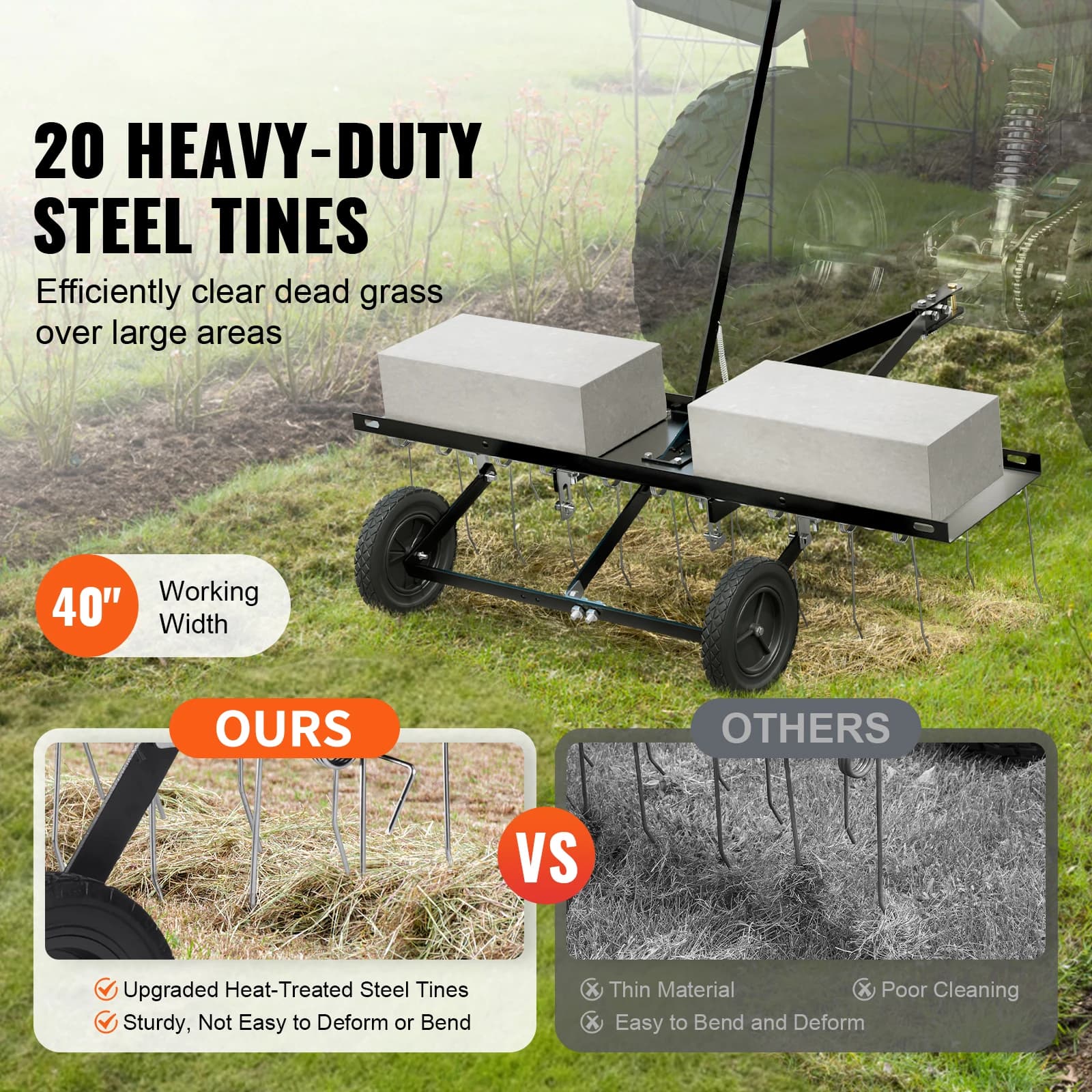 Behind Lawn Dethatcher | 40in Width with 20 Steel Tines | ATV & Mower Attachment - Thumbnail 5