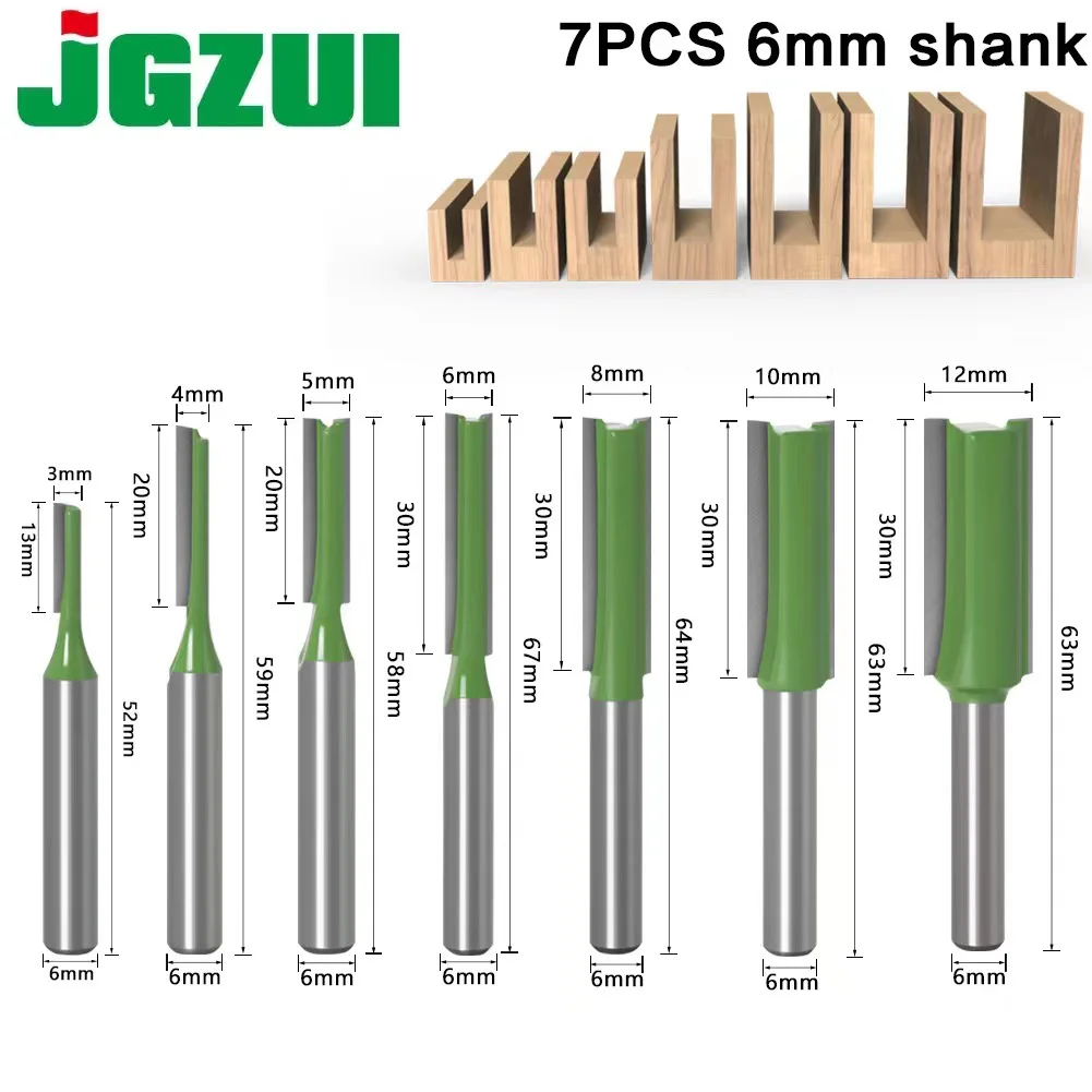 7-Piece Straight Router Bit Set | 6mm/1/4 Shank | Single & Double Flute Wood Milling Cutters - Thumbnail 2