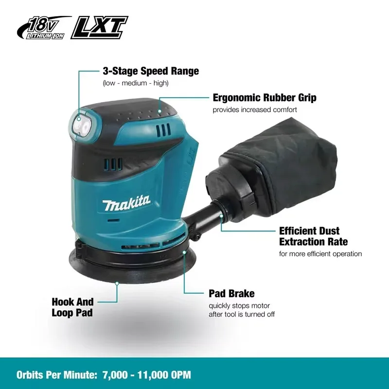 Makita DBO180Z Professional Cordless Orbital Sander | 18V Brushless Motor | Woodworking & Finish Sanding Tool - Thumbnail 2