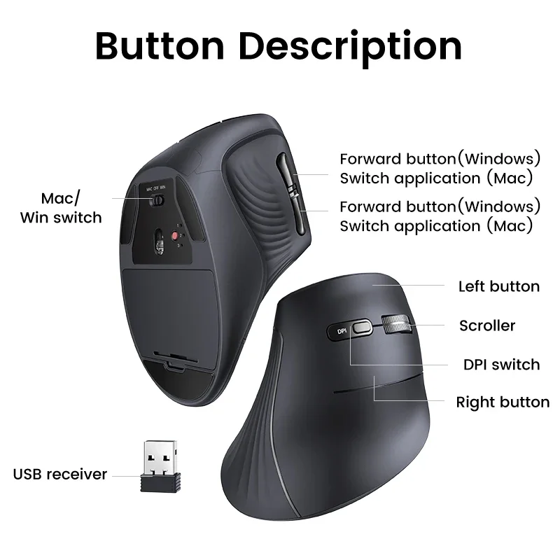 Ergonomic Vertical Mouse | Wireless Bluetooth 5.0 & 2.4G | 4000 DPI for MacBook & PC - Thumbnail 7