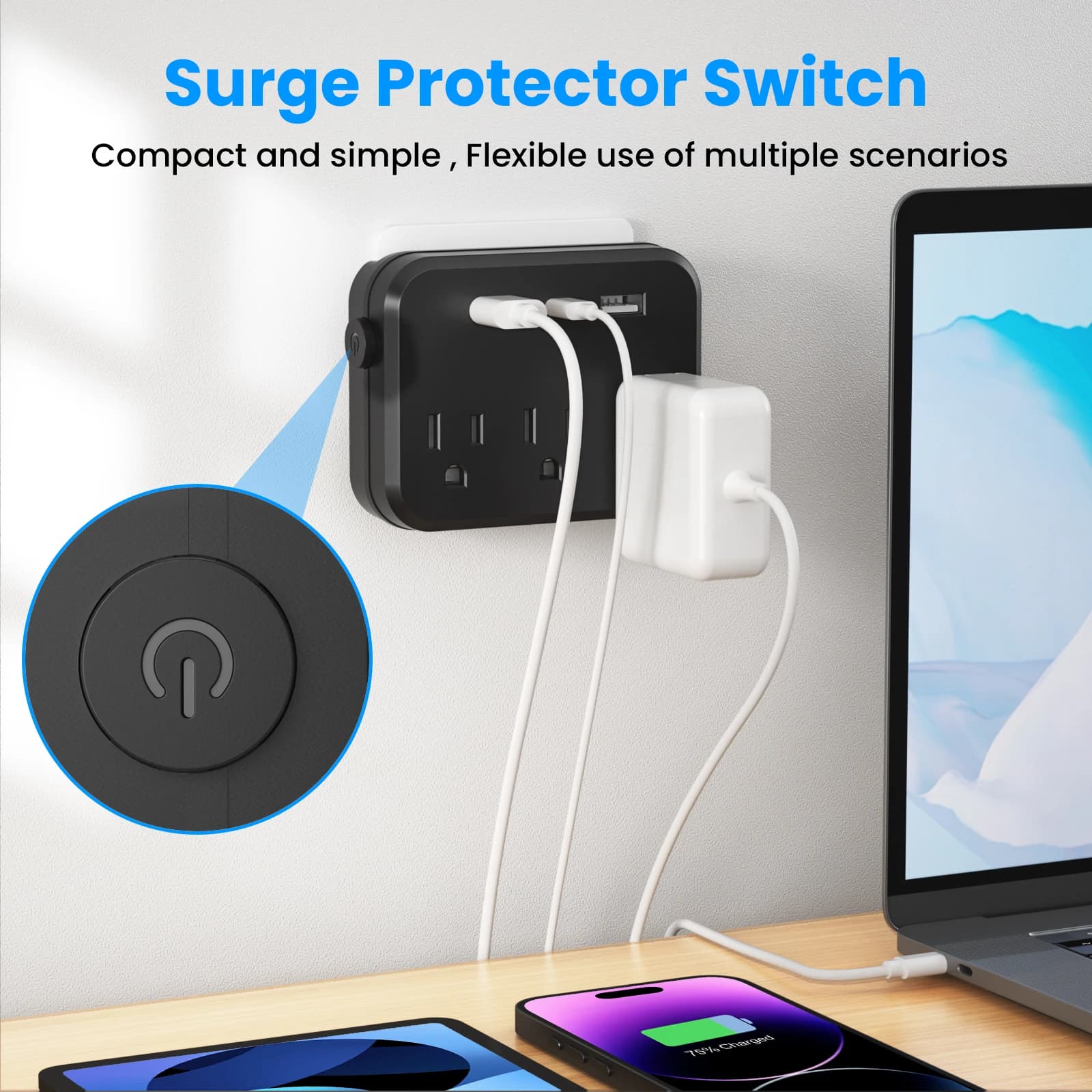 6-in-1 Power Strip with Surge Protection | 3 AC Outlets & 3 USB Ports | Portable Travel Charging Hub - Thumbnail 2