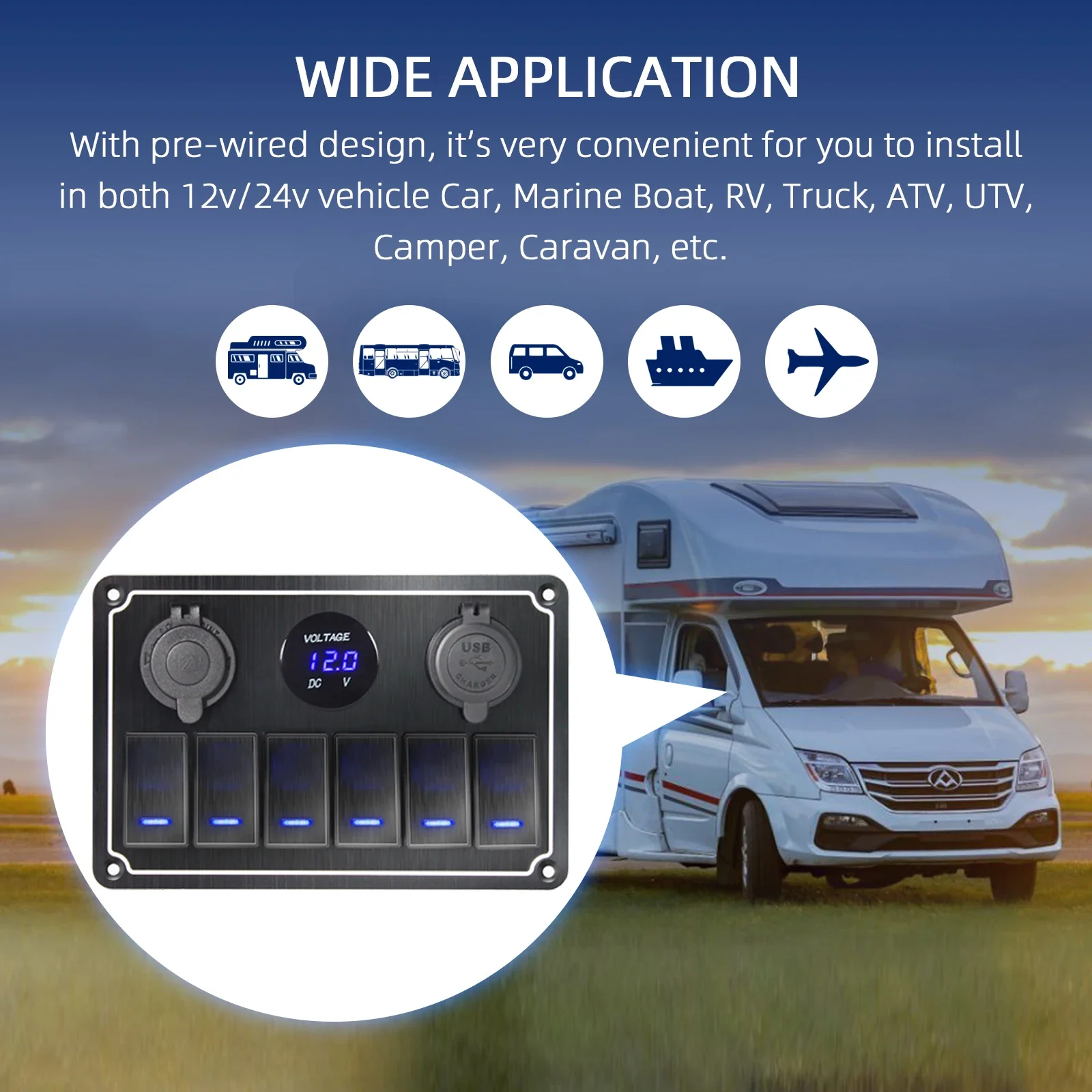 Marine-Grade Switch Panel | 4/6/8-Gang Digital Display with USB Port | 12V Waterproof for Boats & RVs - Thumbnail 6