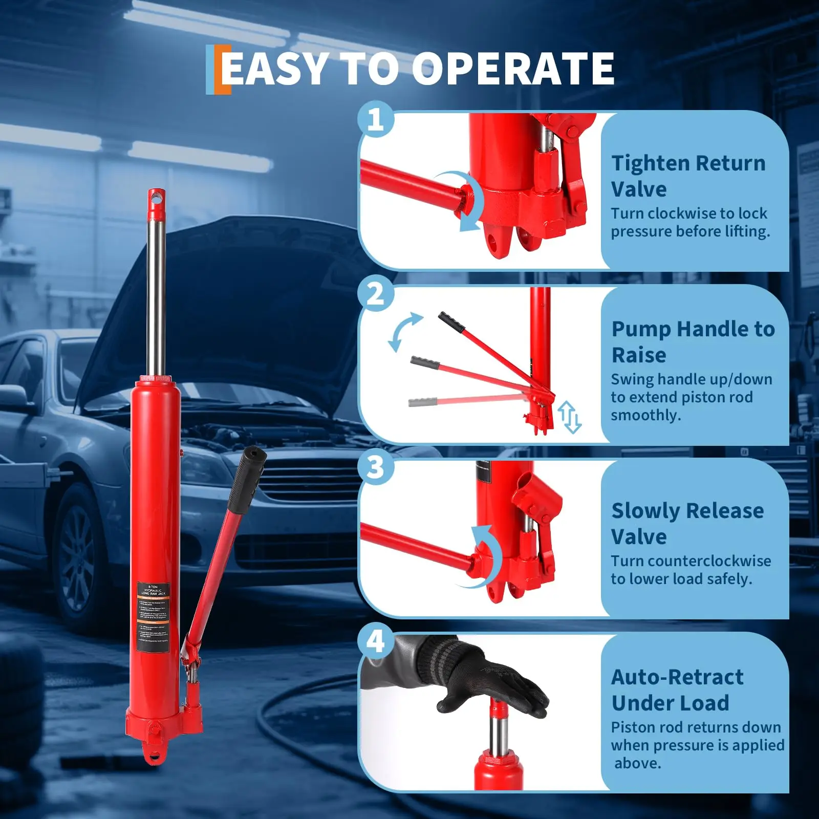 8-Ton Air/Hydraulic Long Ram Jack | Heavy-Duty Engine Hoist Cylinder with Air Pump - Thumbnail 4
