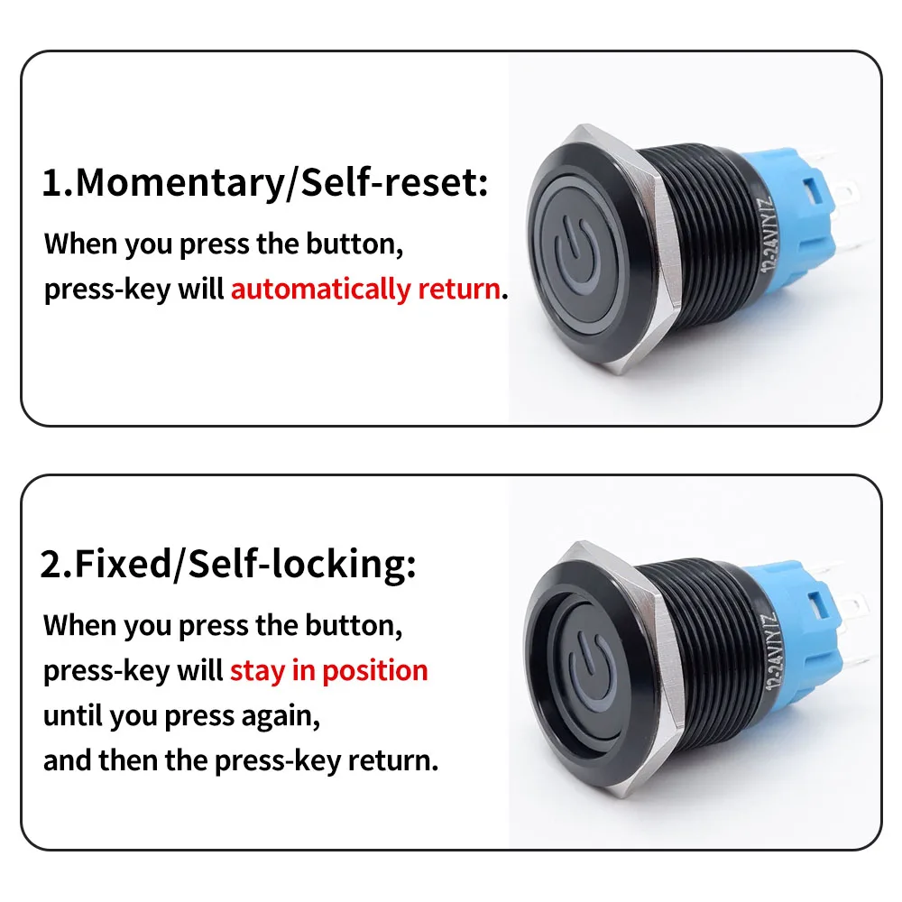12/16/19/22mm Push Button Switch Oxidized Black Momentary Latching Fixed On Off Power Switch with wire LED Light 5V 12V 24V 220V - Thumbnail 7