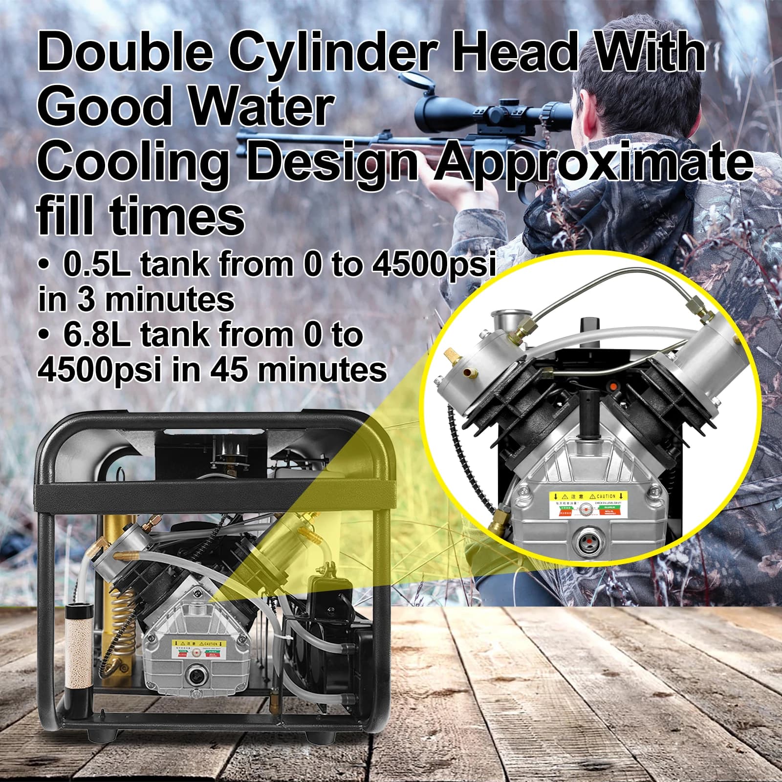 Pressure Air Compressor | 4500PSI 300Bar Auto Stop | Built-in Water Cooling for PCP Rifle - Thumbnail 2