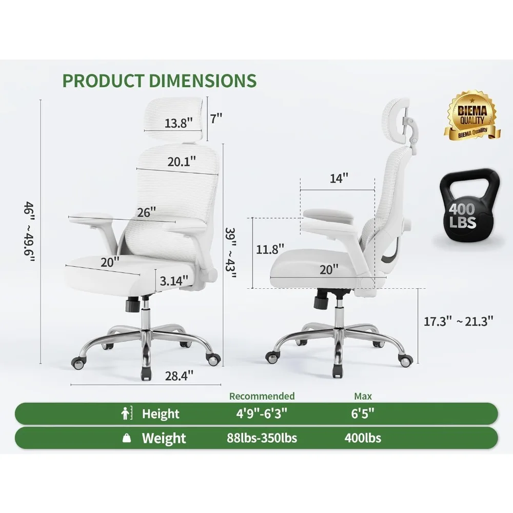 High-Back Ergonomic Office Chair | 400lb Weight Capacity & Adjustable Lumbar Support | White Mesh Computer Chair - Thumbnail 2