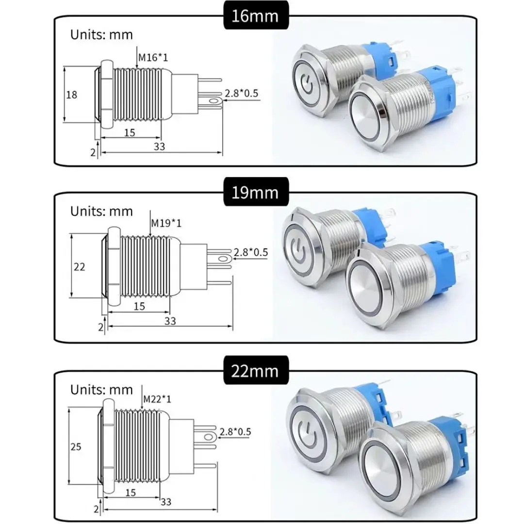 Push Button Switch | 16mm, 19mm, 22mm Sizes | 5V-220V Universal Voltage | Latching & Momentary - Thumbnail 5