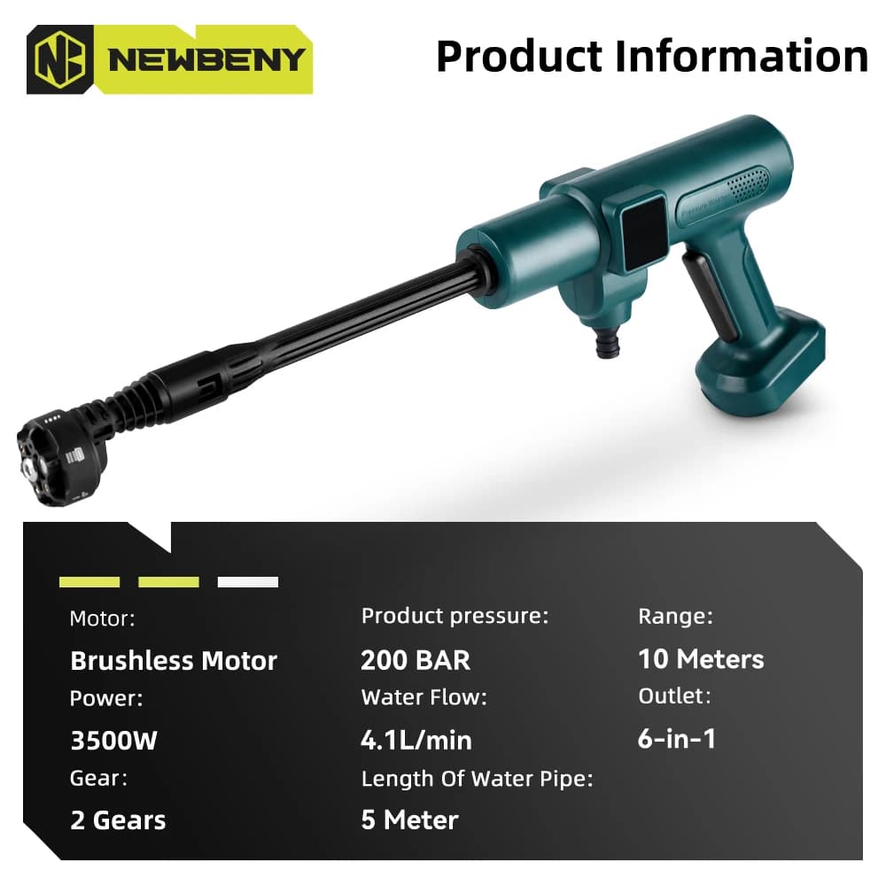 Brushless High Pressure Car Washer Gun | 200Bar 6-in-1 Nozzle | For Makita Battery - Thumbnail 2