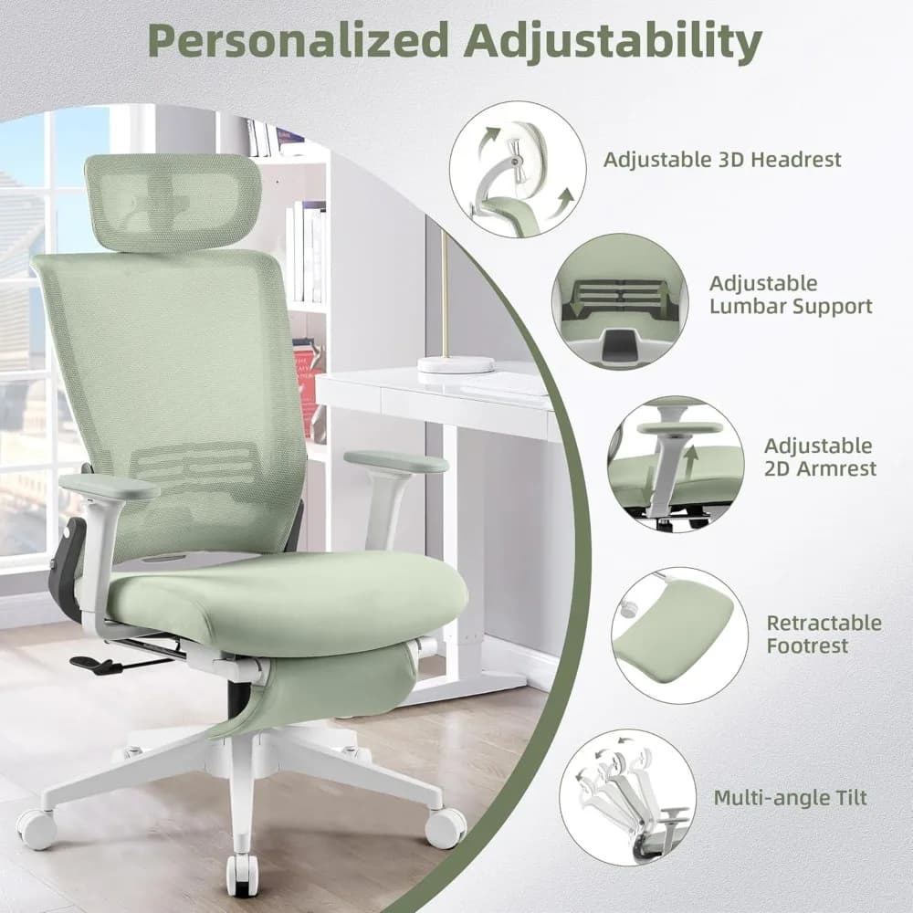 Office Chair with Footrest | Adjustable Lumbar Support & Headrest | Green Home Office Chair - Thumbnail 6