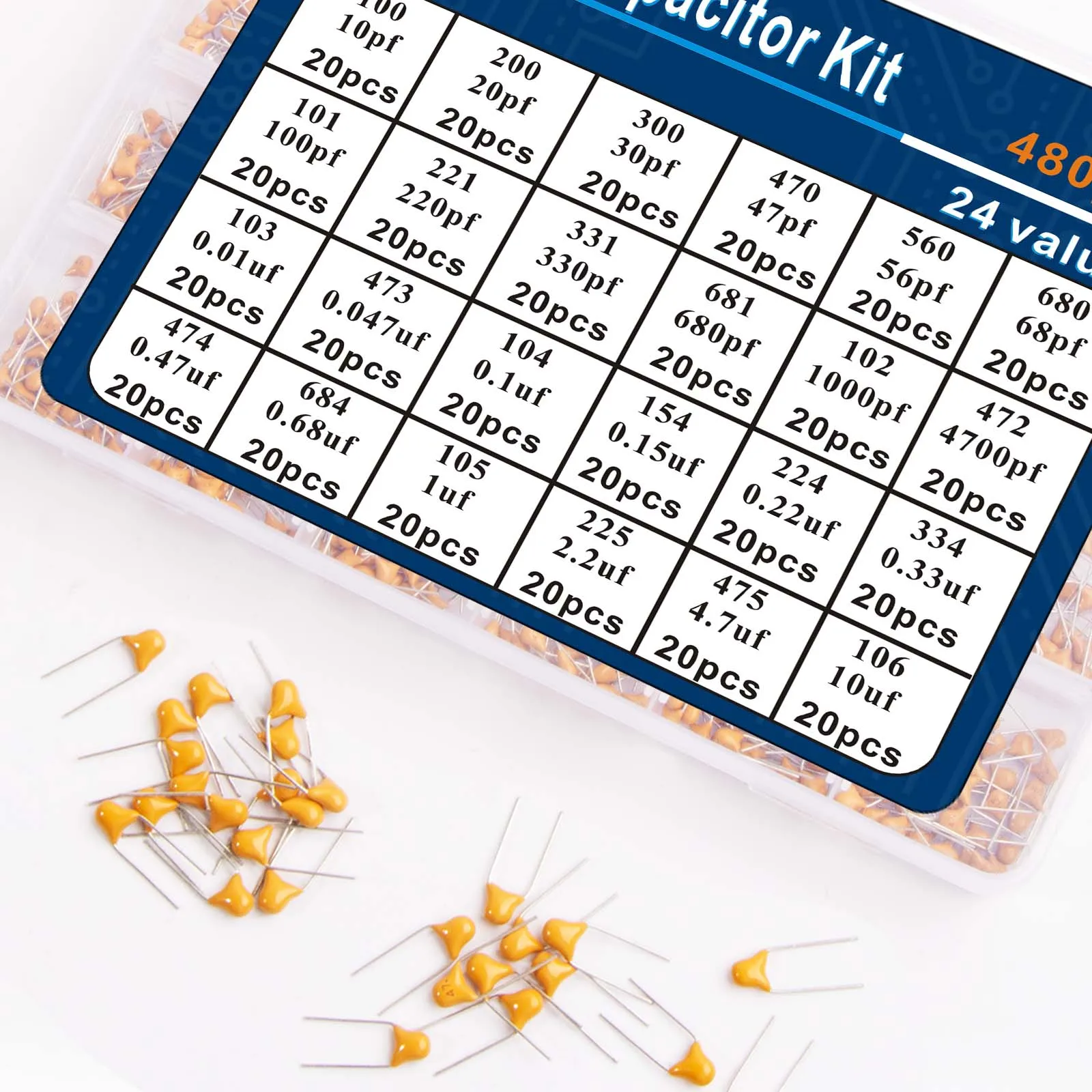 Ceramic Capacitor Kit | 480-Piece Assortment | 24 Values 0.1uF-10uF | For Guitar & Audio Electronics - Thumbnail 4