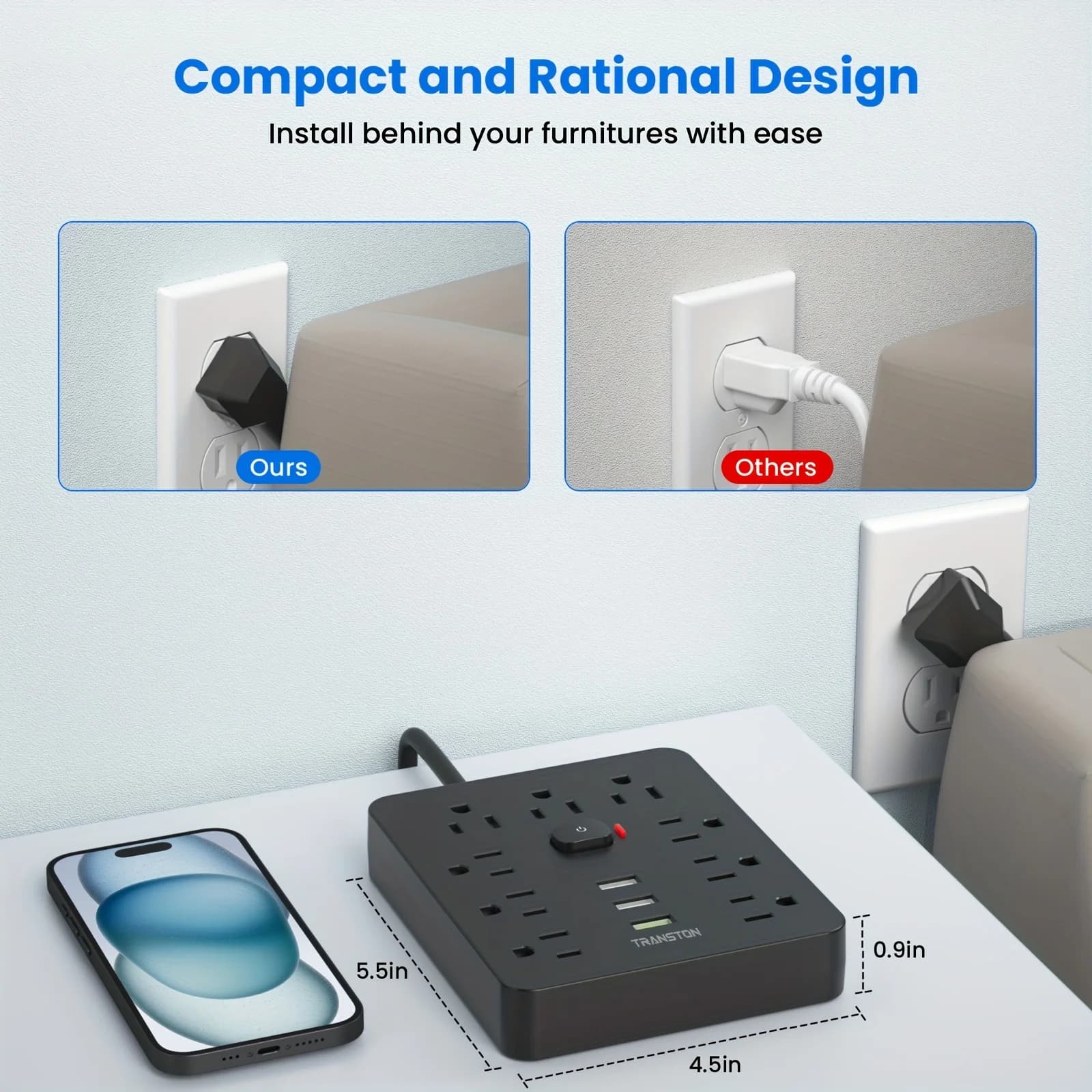 Surge Protector Power Strip | 9 Outlets & 3 USB Ports | 10-Foot Extension Cord | Quick Charge for Home & Office - Thumbnail 4