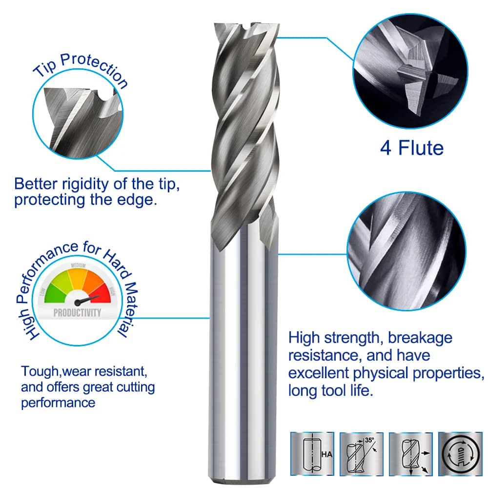 Milling Cutter Set | 4 Flute End Mills 1/16-5/8 | CNC Router Bits for Metal - Thumbnail 5