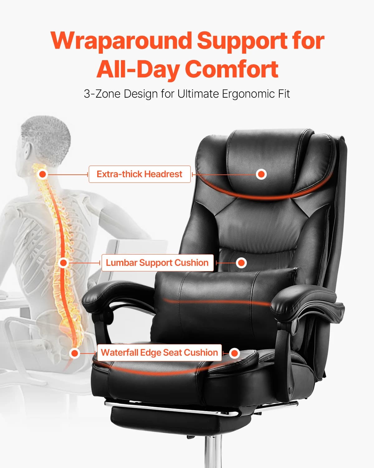 Office Chair | 400lb Weight Capacity | Adjustable Reclining Ergonomic PU Leather - Thumbnail 2