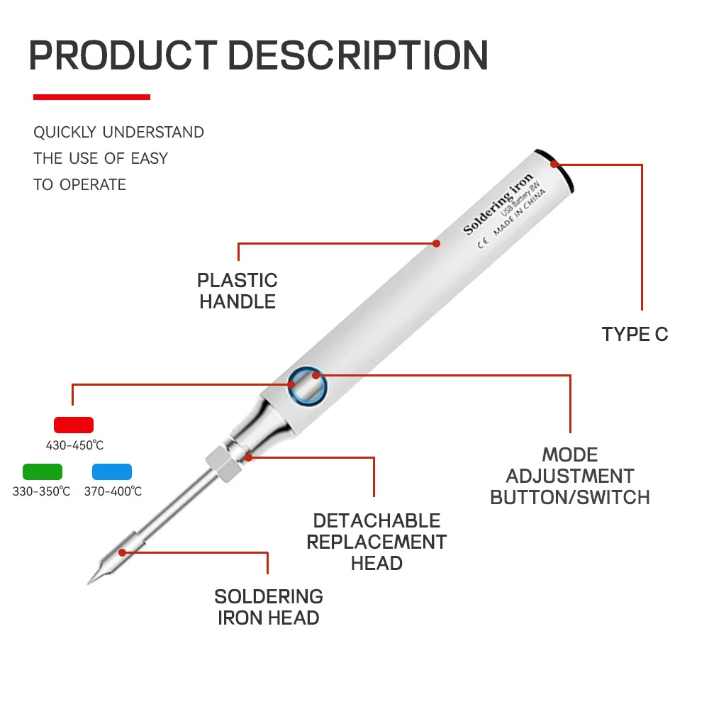 Cordless Soldering Iron | 8W USB-C Rechargeable | Portable Temperature Control for DIY & Electronics - Thumbnail 3