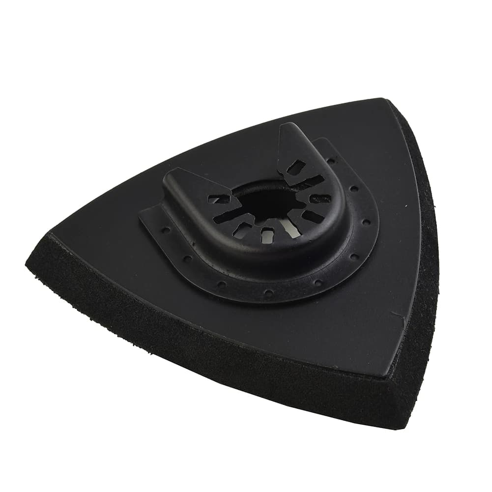 Triangular oscillating multi-tool sanding pad for quick-release systems, compatible with 80mm, 90mm, and 93mm loop sandpaper.
