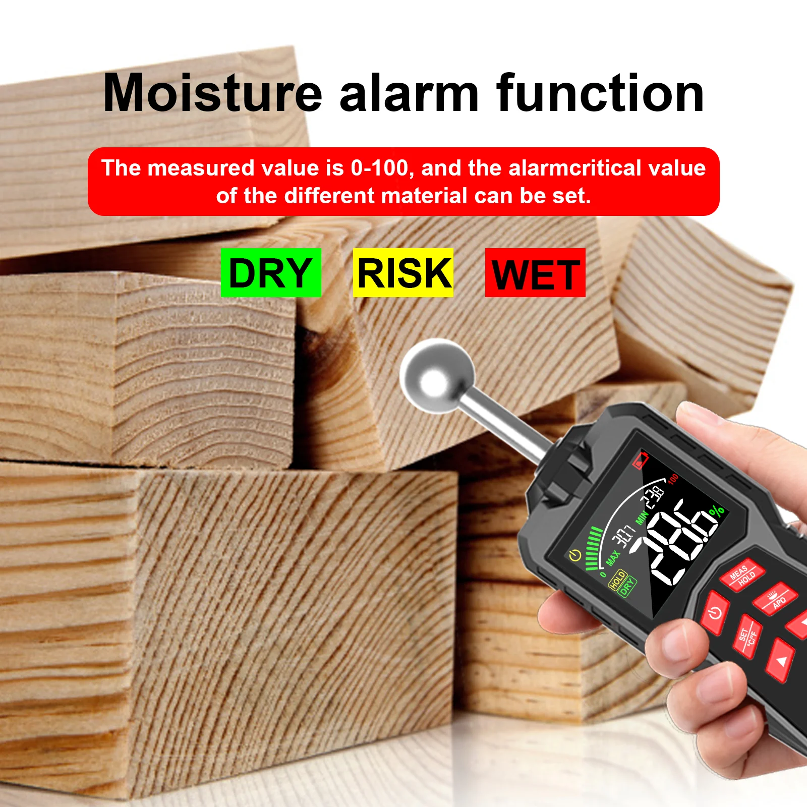 Pinless Moisture Meter with Ball Probe, Color LCD & 0-100% RH Range - Alarm Function - Thumbnail 3