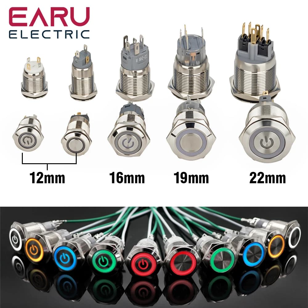 Waterproof Push Button Switch | 12V-220V LED Illuminated | 12-22mm Panel Mount - Thumbnail 2