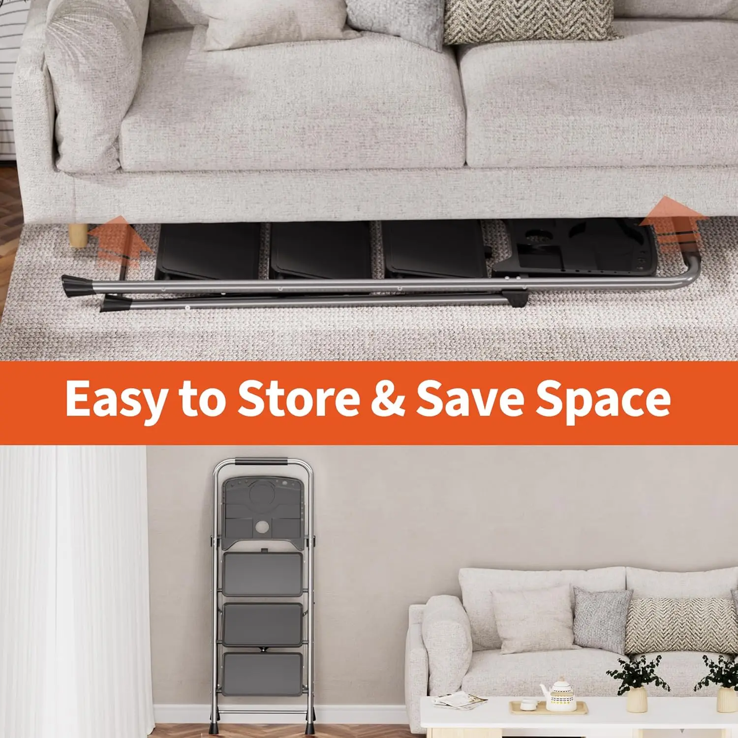 3-Step Folding Ladder | 600lbs Heavy-Duty Capacity | Non-Slip Tool Tray for Home Use - Thumbnail 5
