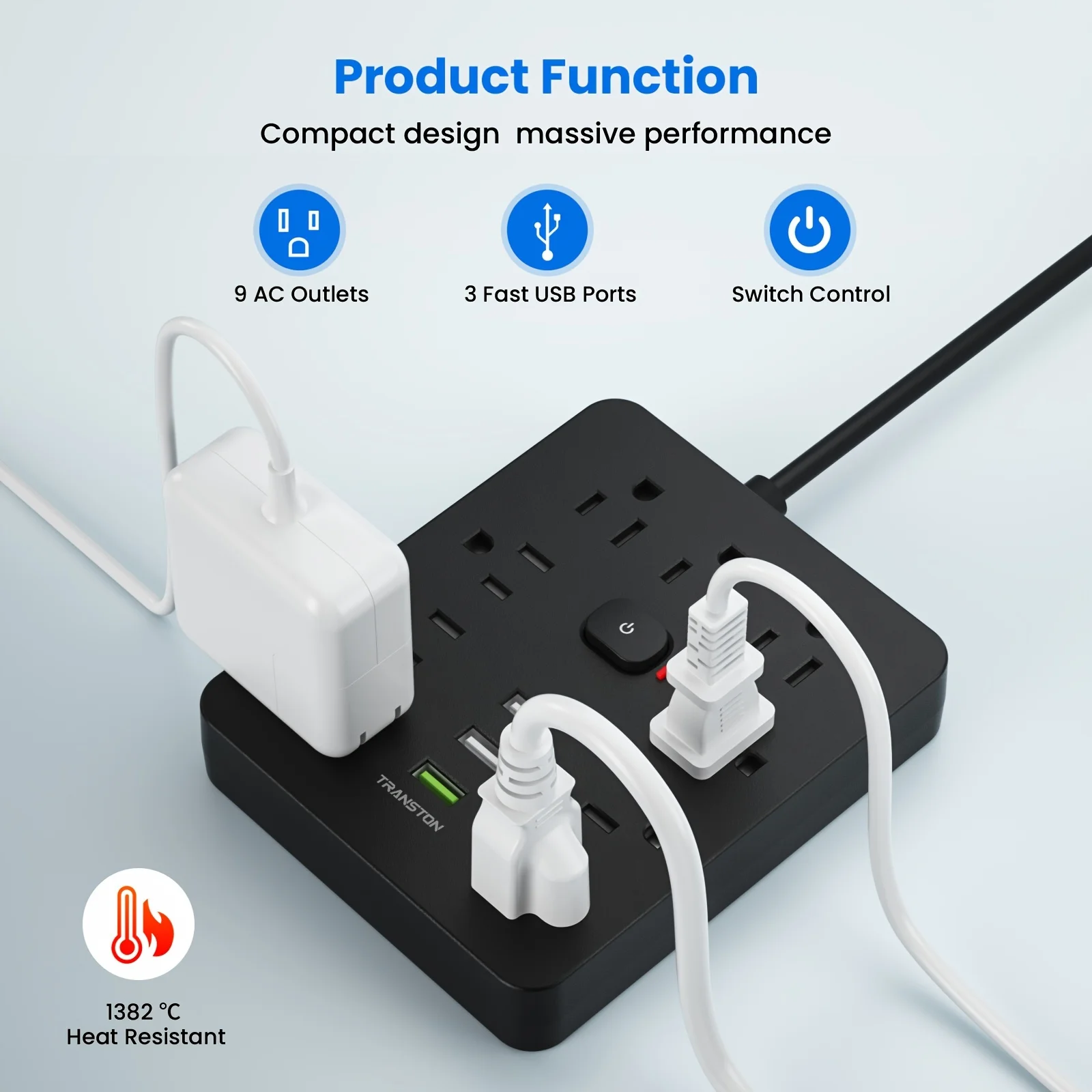 Surge Protector Power Strip | 9 Outlets & 3 USB Ports | 10-Foot Extension Cord | Quick Charge for Home & Office - Thumbnail 5